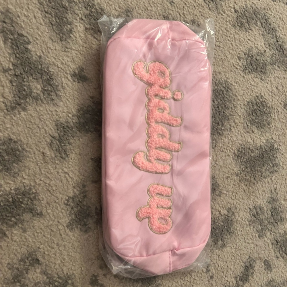 KenzKustomz Pink Cosmetic Bag with Embroidered Text